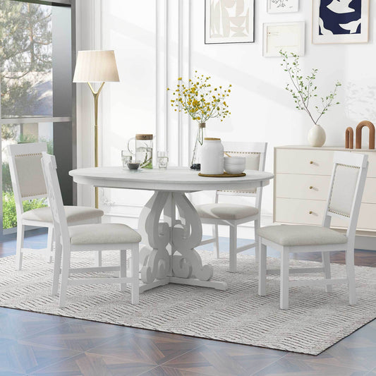 TREXM 5-Piece Retro Functional Dining Set, 1 Extendable Table with a 16-inch Leaf and 4 Upholstered Chairs for Dining Room and Kitchen (Antique White)