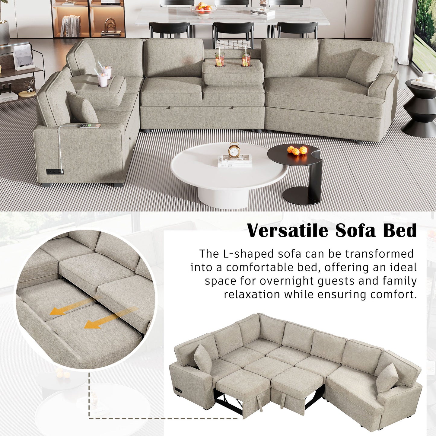 L-Shaped Sofa Sectional Sofa Couch Pull-Out Sofa Bed With Charging Devices And Cup Holders For Living Room