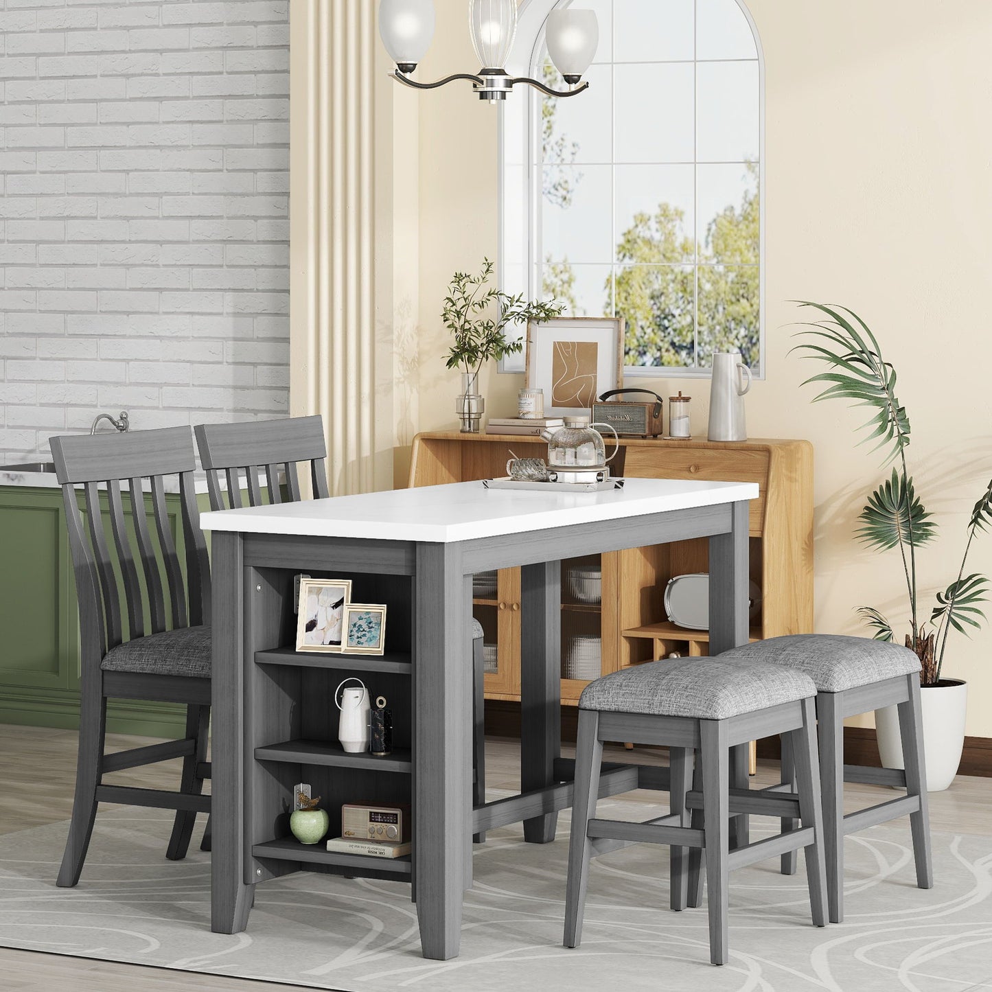 5 Piece Counter Height Dining Table Set With Built-In Storage Shelves - Gray