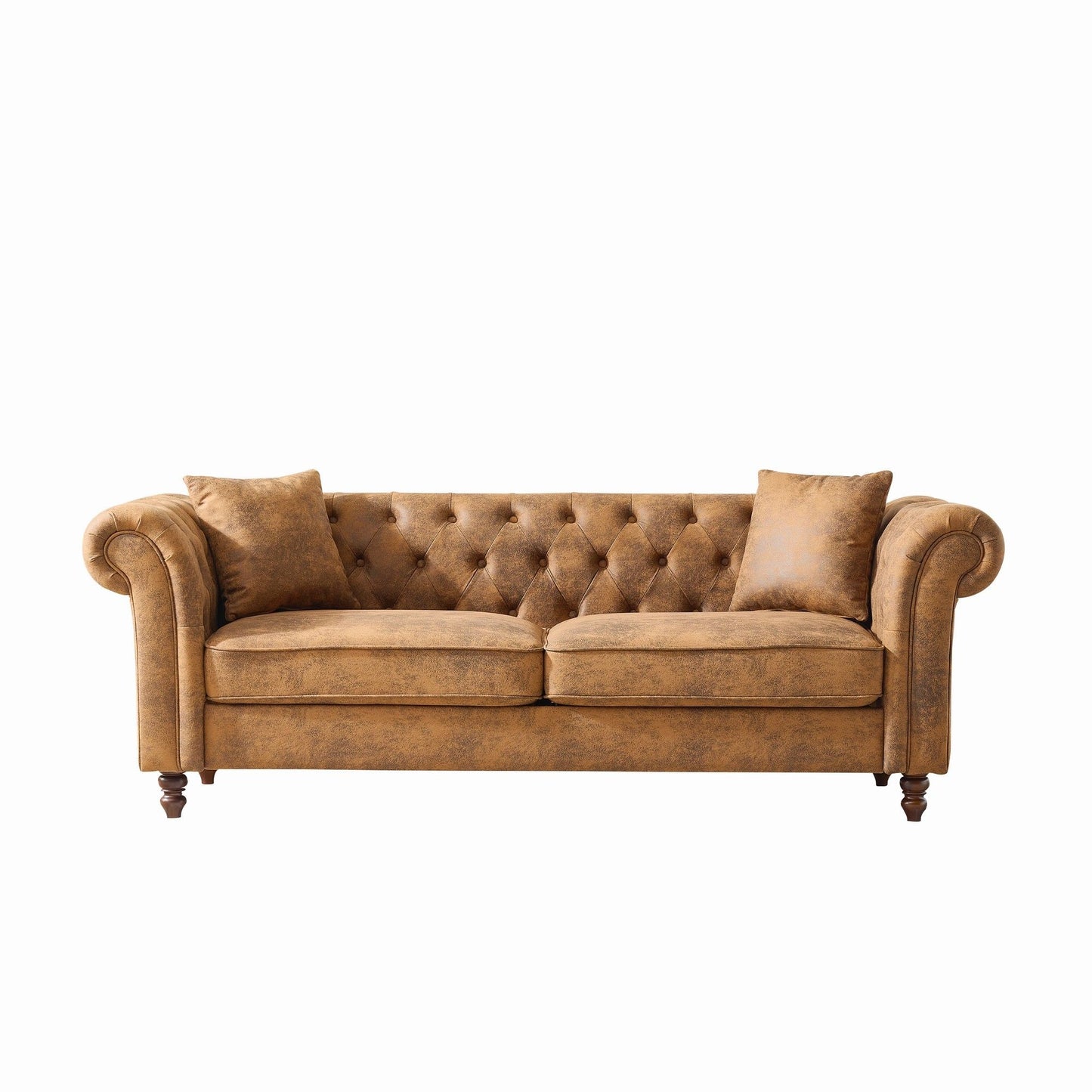 Chesterfield Sofa, High Roll Armrest Sofa, Upholstered Mid Century Modern Couch, 3 Seater Couch - Brown