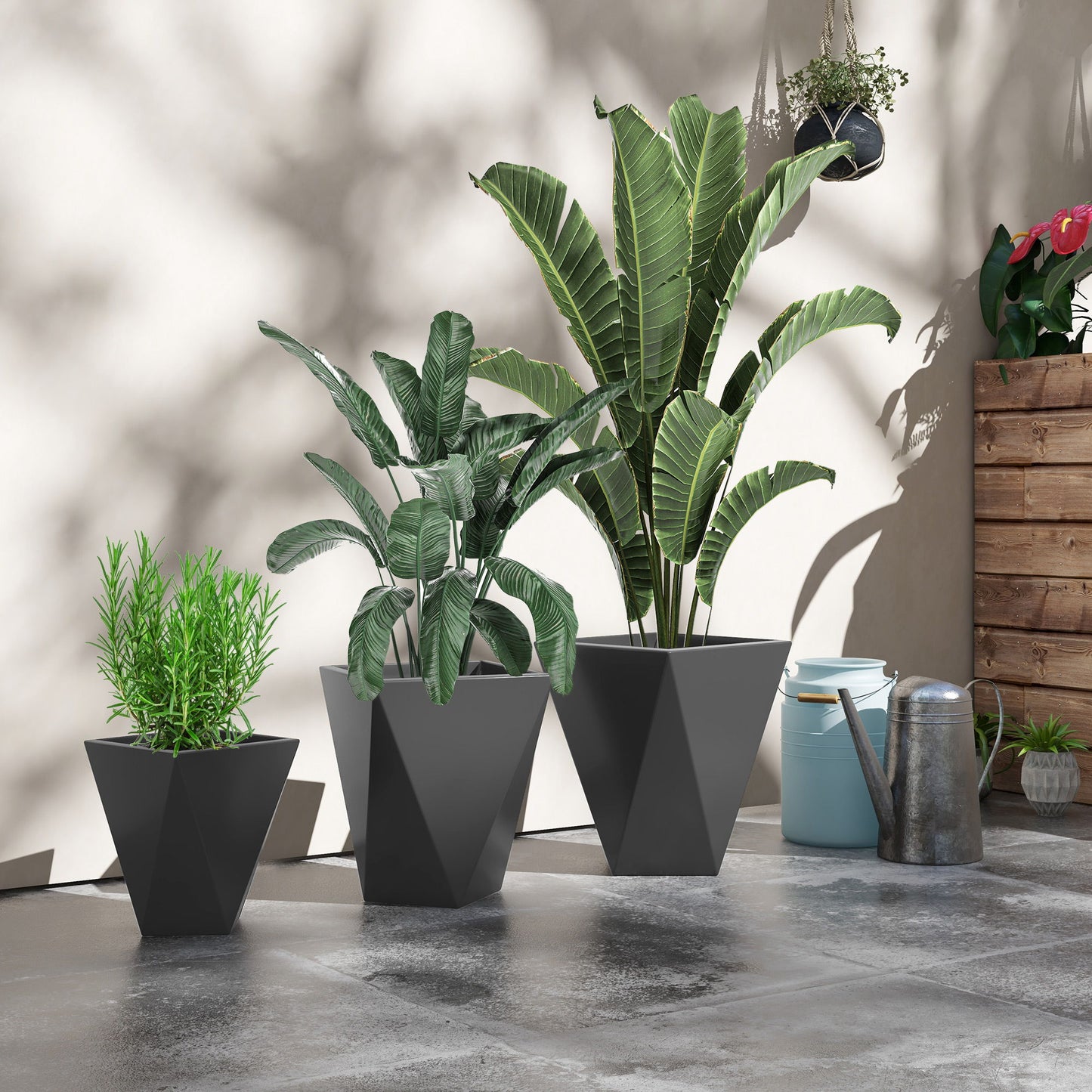 Outsunny - 18", 15.25", 11.75" Tall Planters (Set of 3), Indoor Outdoor Planters With Drainage Holes, Stackable Flower Pots For Garden, Patio, Balcony, Front Door - Gray