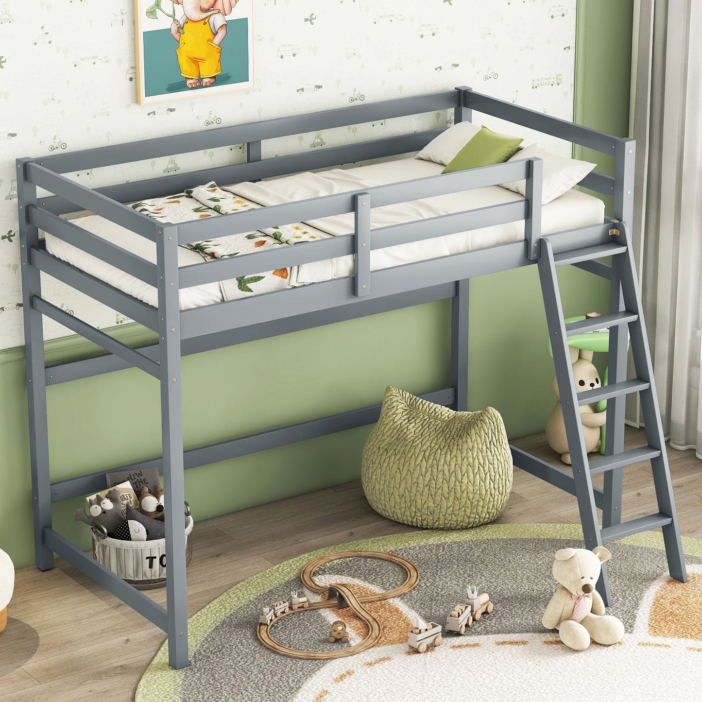 High Loft Bed With Inclined Ladder, Guardrails