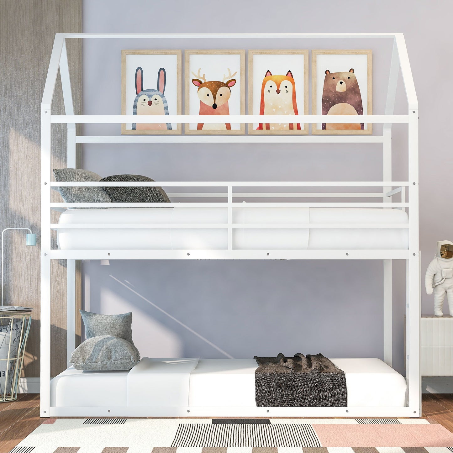 Bunk Beds For Kids Twin Over Twin, House Bunk Bed Metal Bed Frame Built-In Ladder, No Box Spring Needed