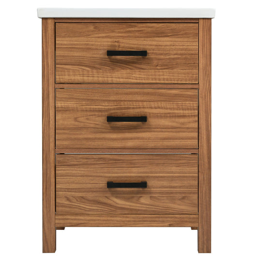 24'' Bathroom Vanity With Basin Sink, 3 Drawer Storage Cabinet - Natural Wood