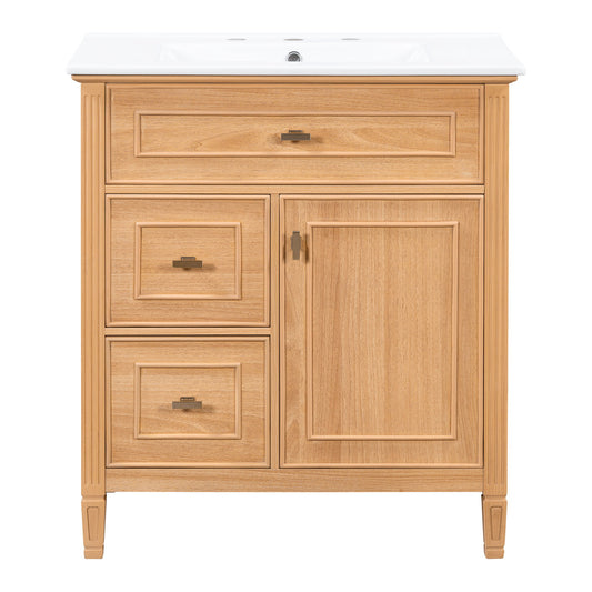 Bathroom Vanity With Sink, Flip Drawer & Adjustable Shelf - Natural
