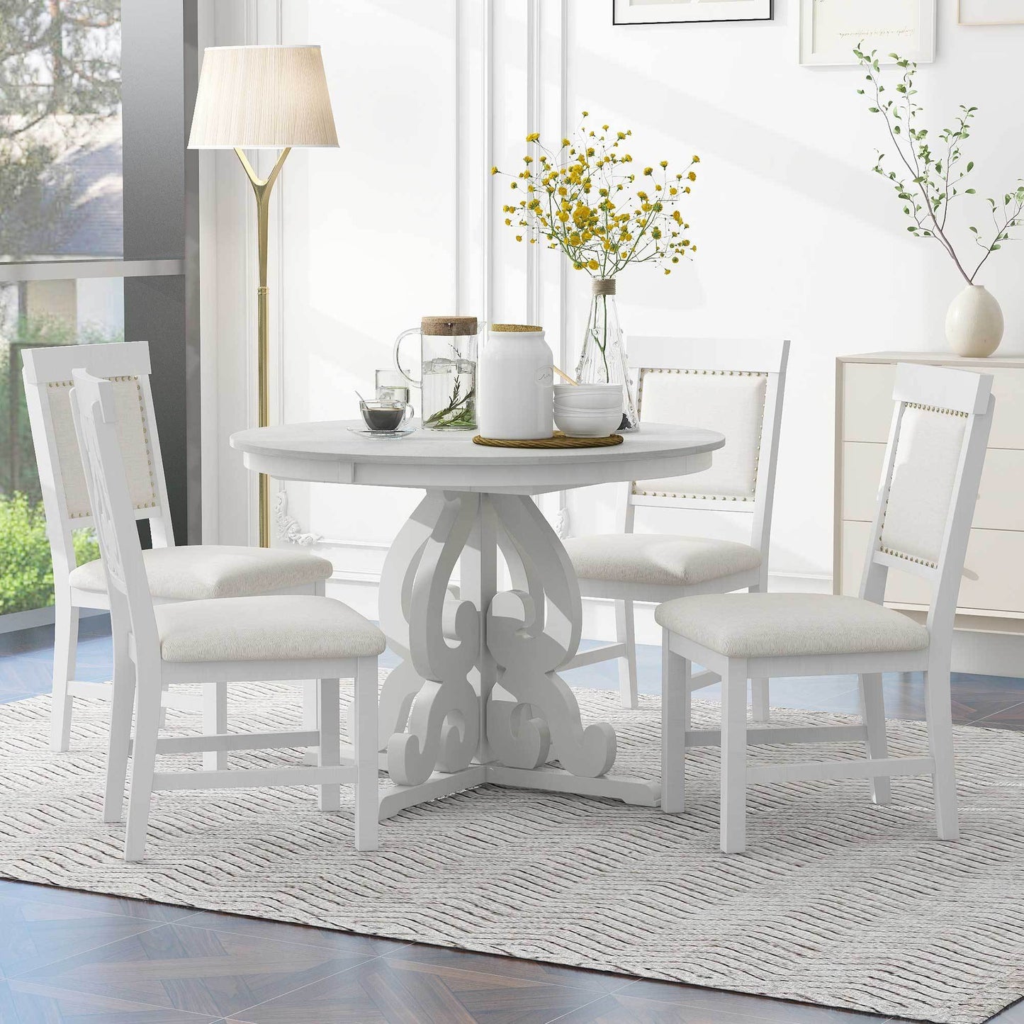 TREXM 5-Piece Retro Functional Dining Set, 1 Extendable Table with a 16-inch Leaf and 4 Upholstered Chairs for Dining Room and Kitchen (Antique White)