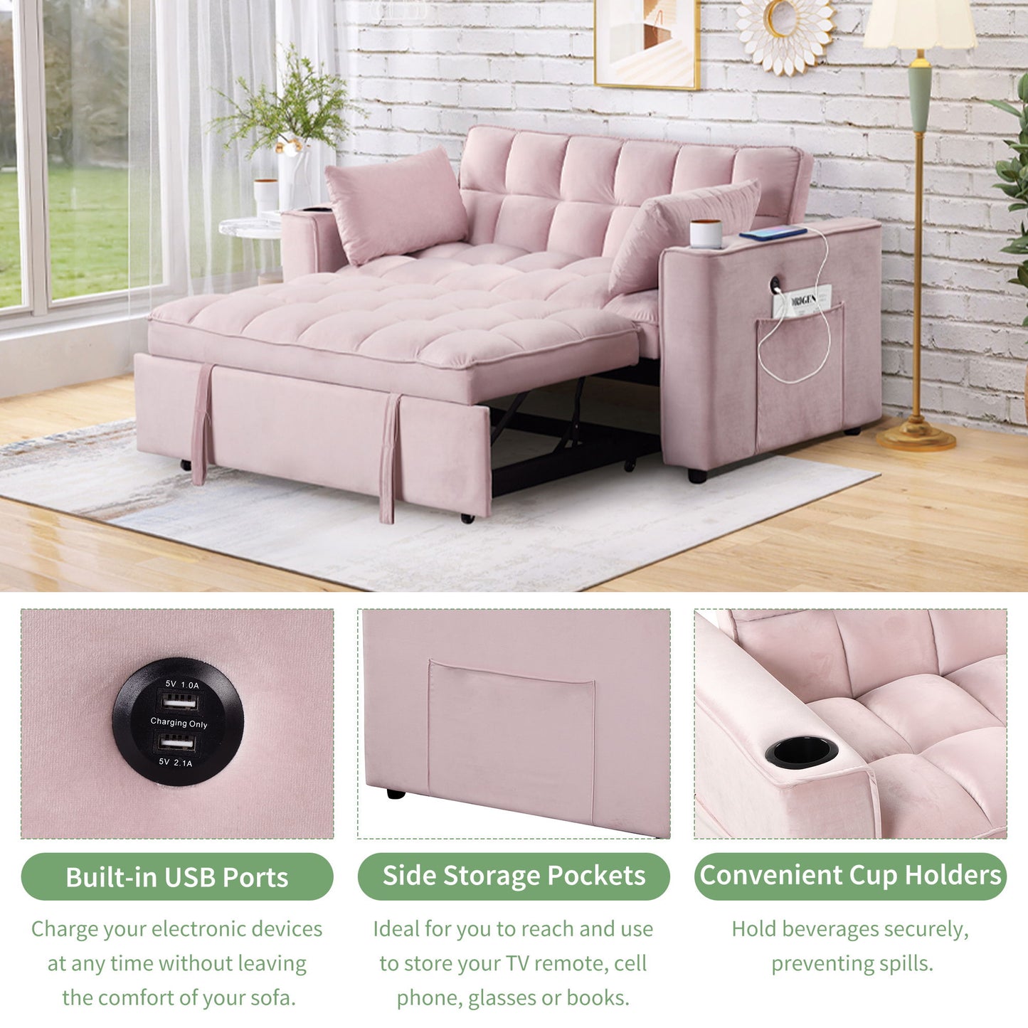 Multi Functional Sofa Bed With Cup Holder And USB Port For Living Room Or Apartments