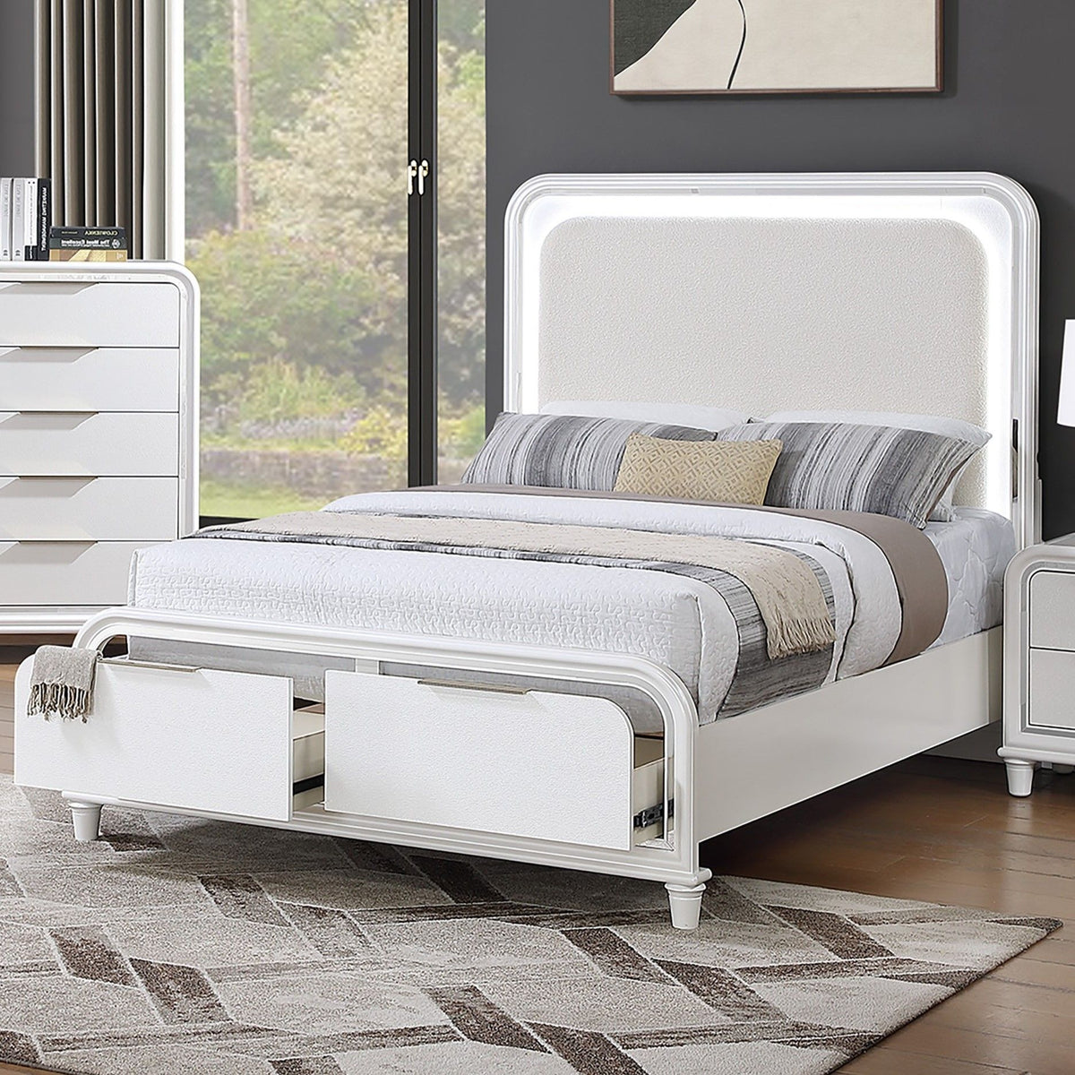 Bed With LED Lights Panel Headboard And Footboard Frame