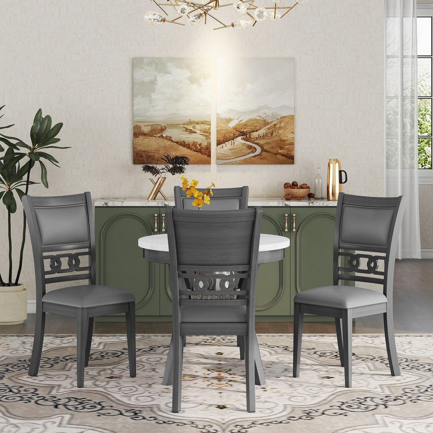 5 Piece Dining Round Table Set With One Faux Marble Top Dining Table And Four Pu-Leather Chairs - Gray