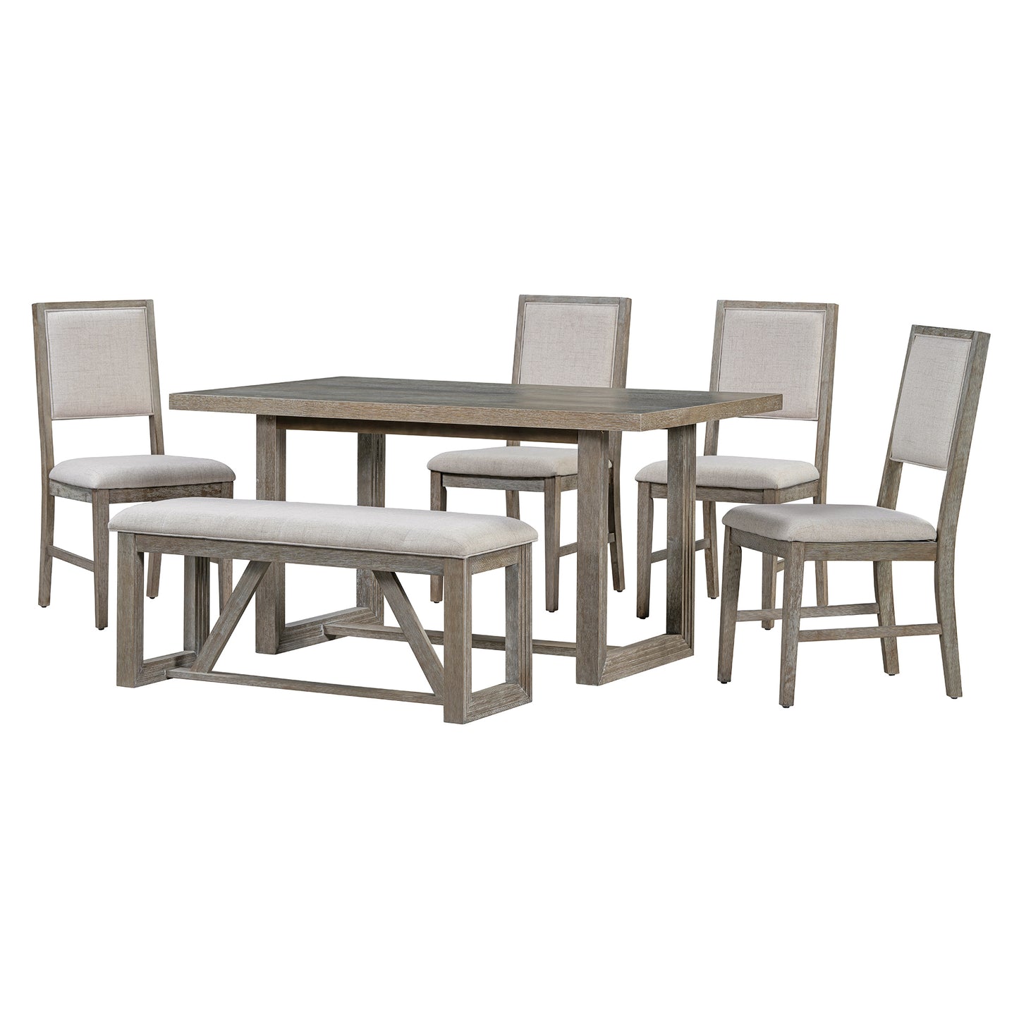 TREXM 6-Piece Retro Dining Set, 1 Rectangular Table with Designed Trestle Base and 4 Upholstered Chairs and 1 Bench for Dining Room and Kitchen (Gray)