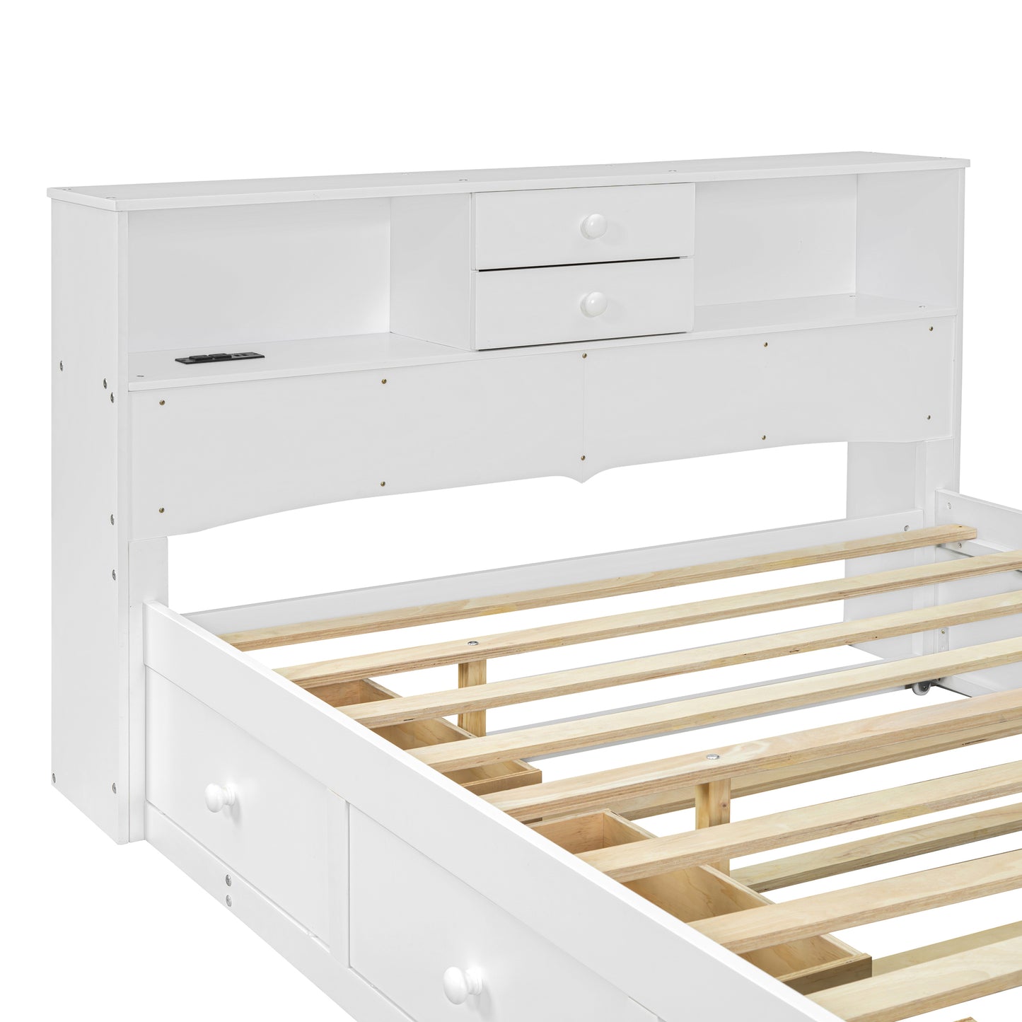 Full Size Wood Pltaform Bed with win Size Trundle, 3 Drawers, Upper Shelves and a set of USB Ports & Sockets, White