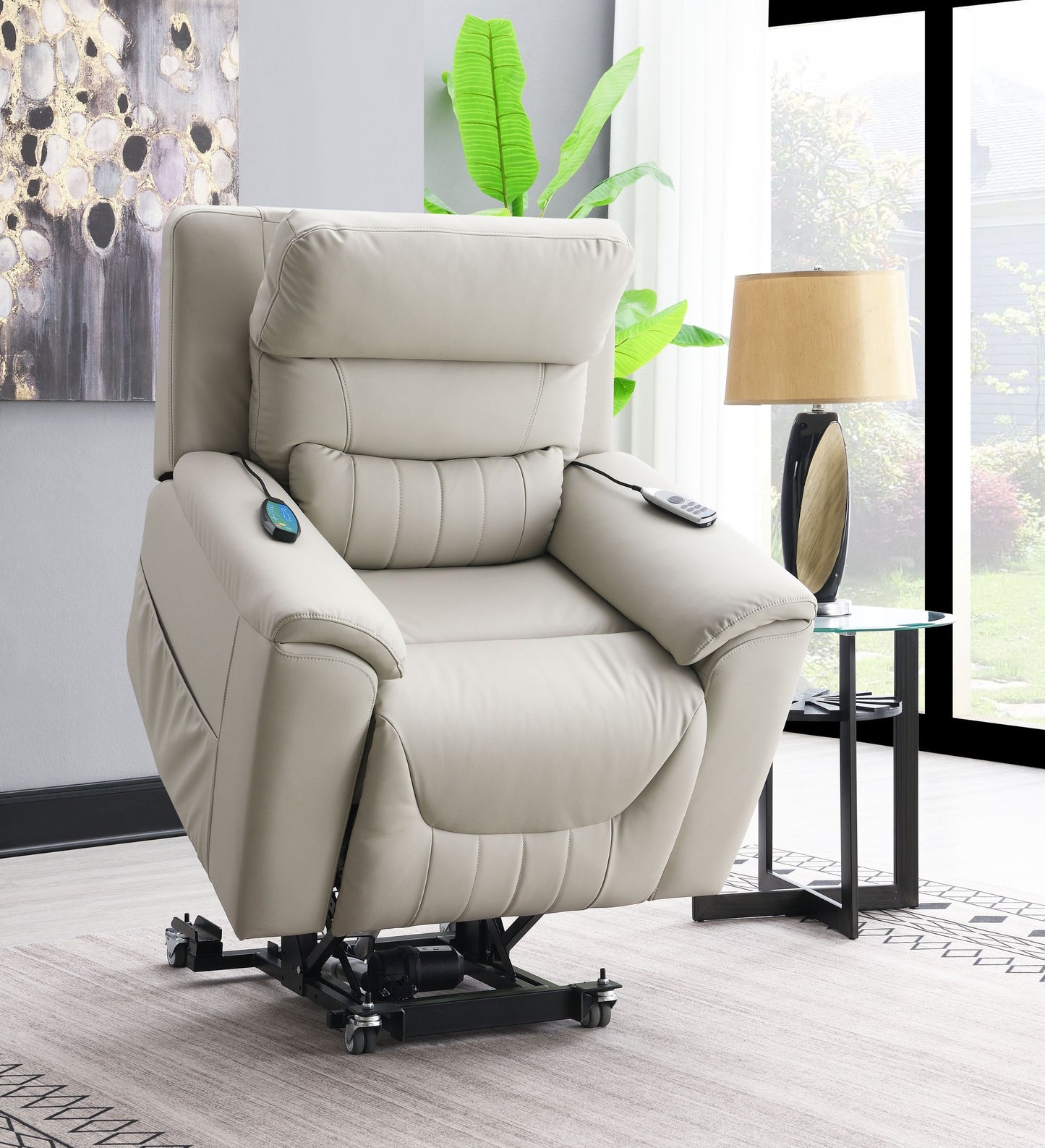 Marsha Light Gray Silicone Synthetic Leather Power Motion Recliner with Lift, Heating & Massage Chair