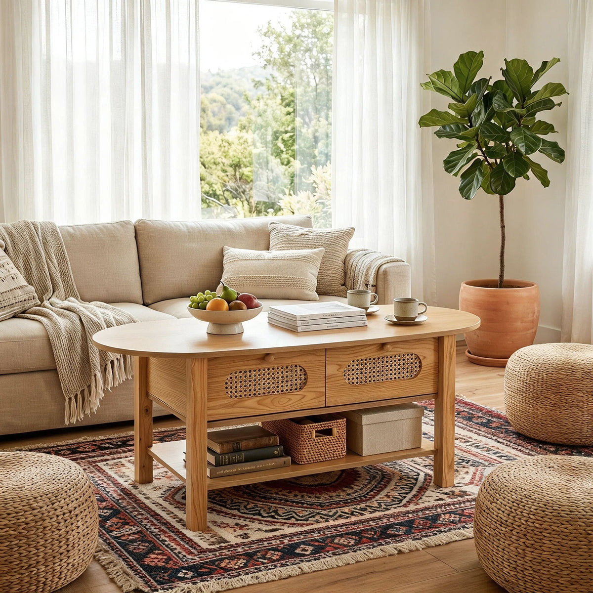 Oval Coffee Table With With 2 Storage Drawers For Living Rooms - Wood