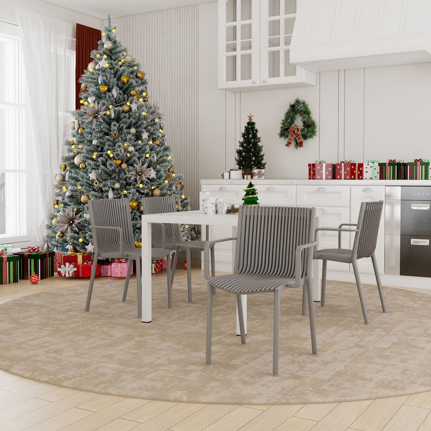 4 Modern Stackable Armchair Matched With Long Table