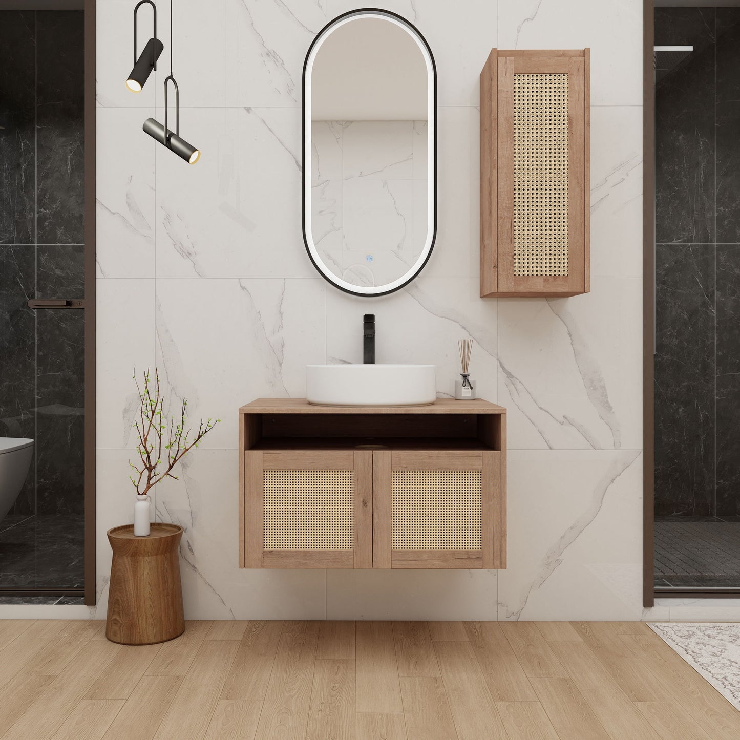 Bathroom Vanity With Art Sink And Side Cabinet, Float Mounting Design
