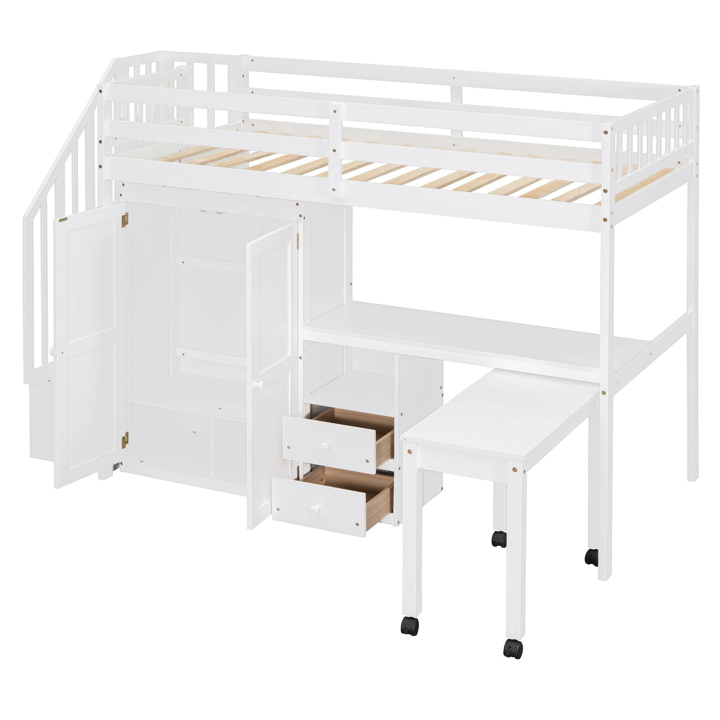Loft Bed With Stairs, Bookshelf, Drawers, Desk & Wardrobe, Space Saving Multifunctional Furniture