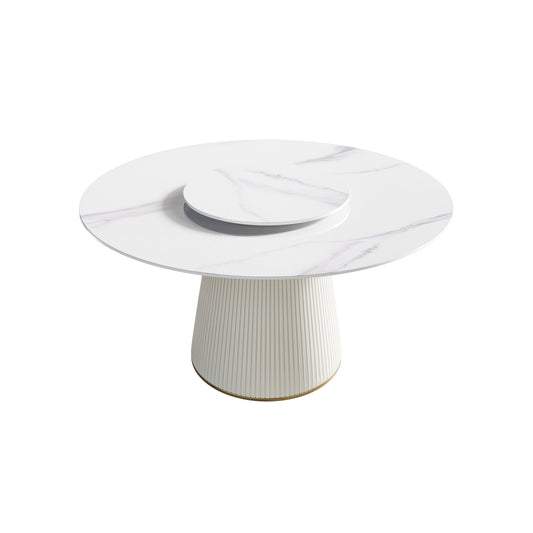 Modern Artificial Stone Round Plywood Base Dining Table, Can Accommodate 6 People, Artificial Stone Turntable (Not Including Chairs) - White / Beige
