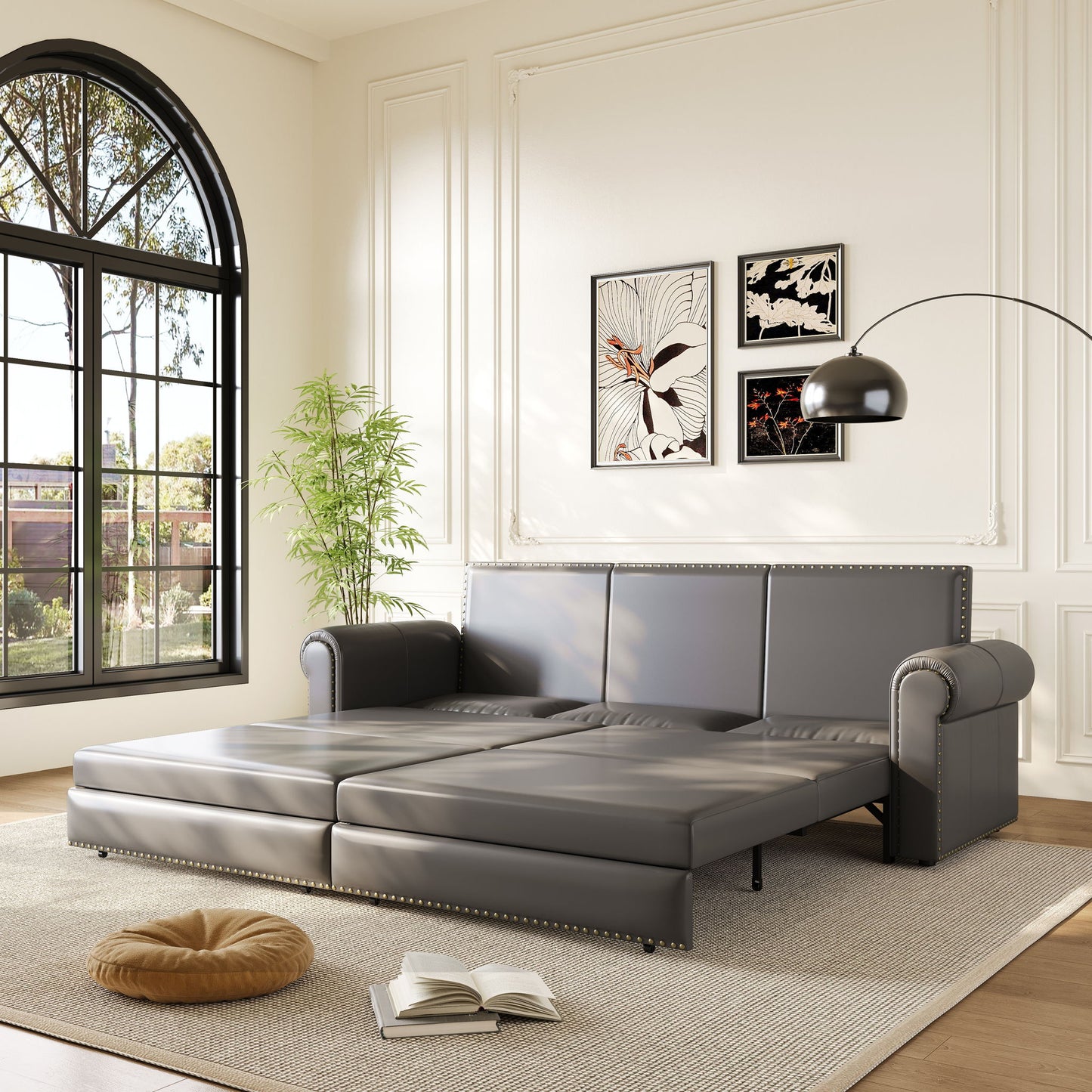 3 In 1 Convertible Sleeper Sofa With Nailhead Trim & Rolled Arm