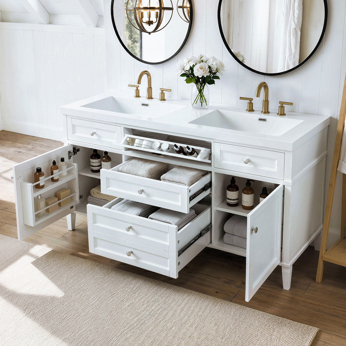 Bathroom Vanity With Double Sink, 3 Drawers, 2 Doors, Adjustable Shelves, Freestanding - White