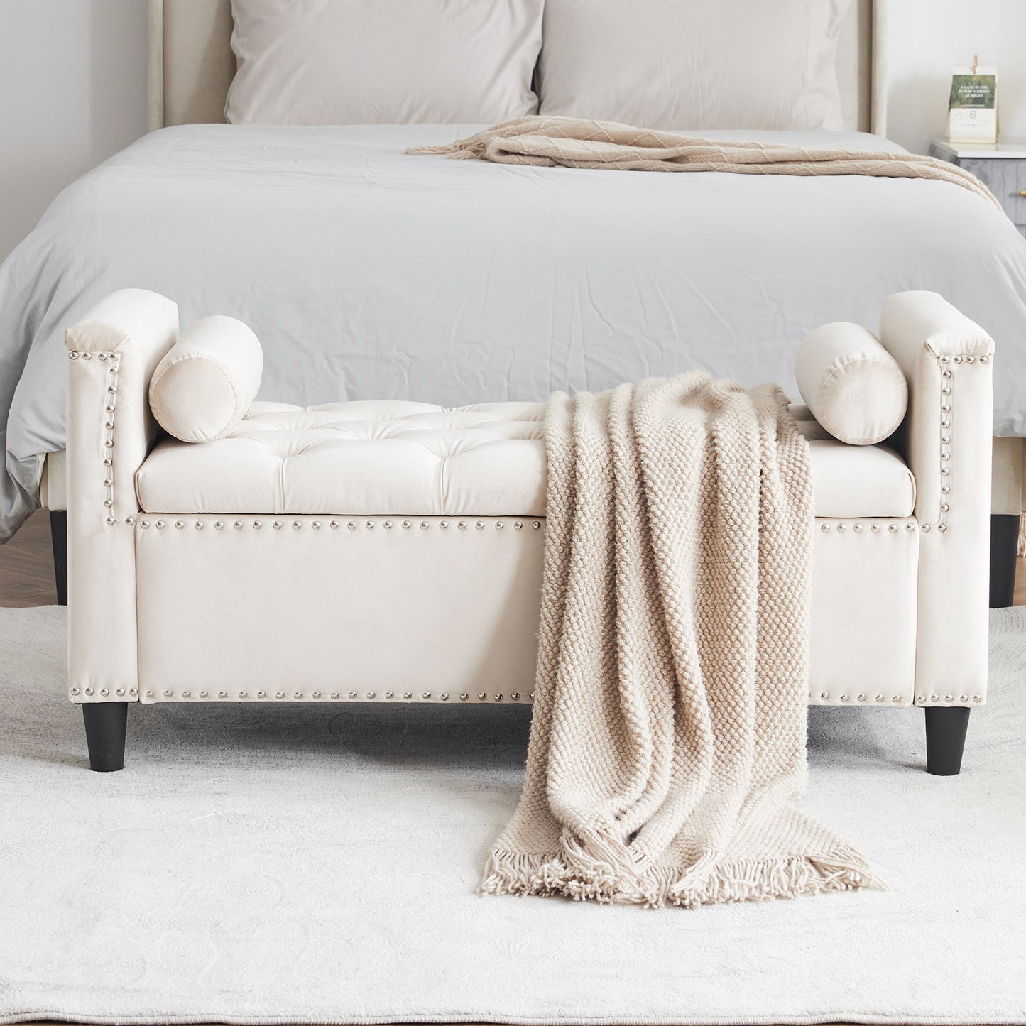 Queen Velvet Button Bedside Storage Bench With Armrests, Nailhead Trim