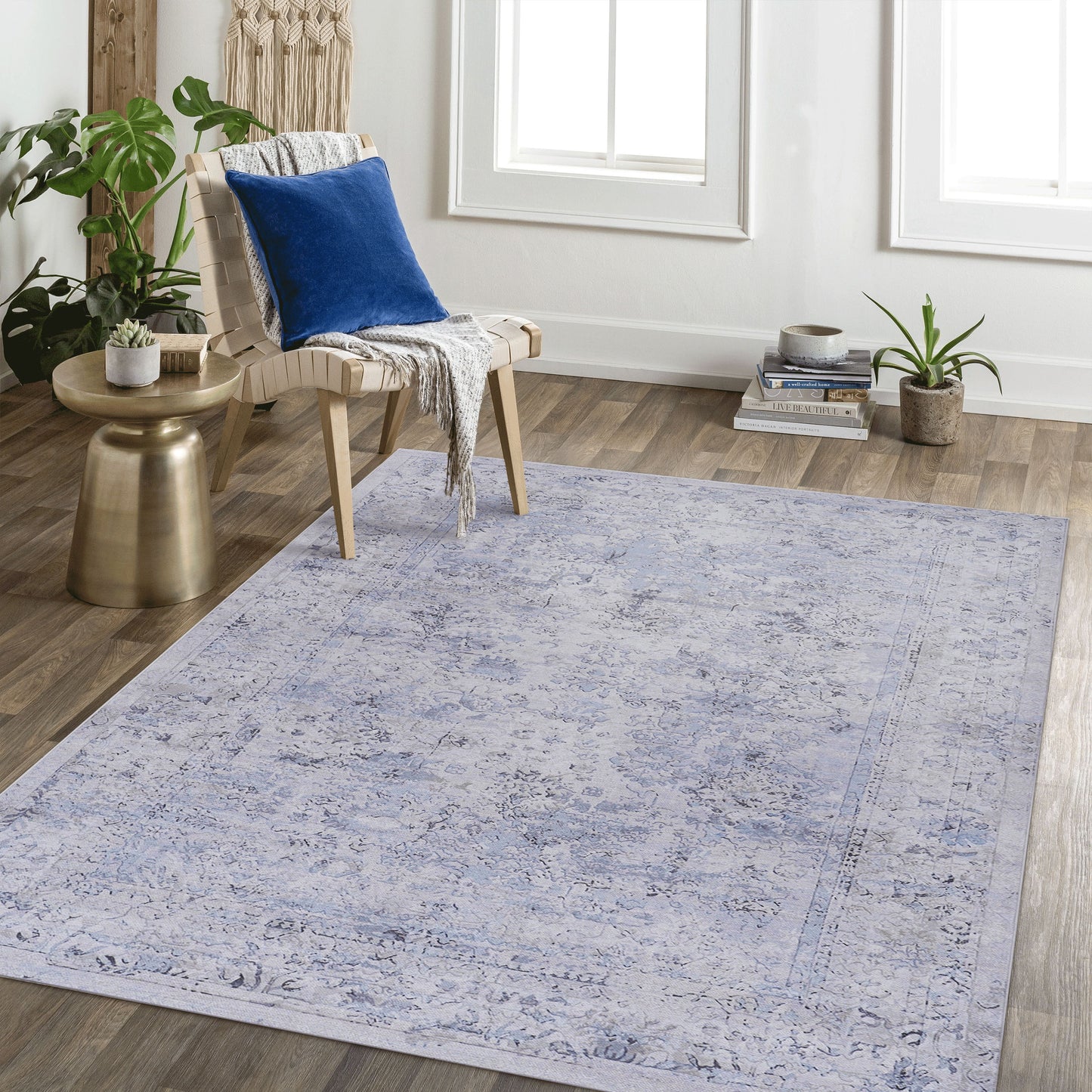 Area Rug Washable Rug, Low-Pile, Non-Slip, Non-Shedding, Foldable, Kid & Pet Friendly Area Rugs For Living Room, Bedroom, Kitchen, Dining Room Rug, Perfect Gifts - Blue / Cream