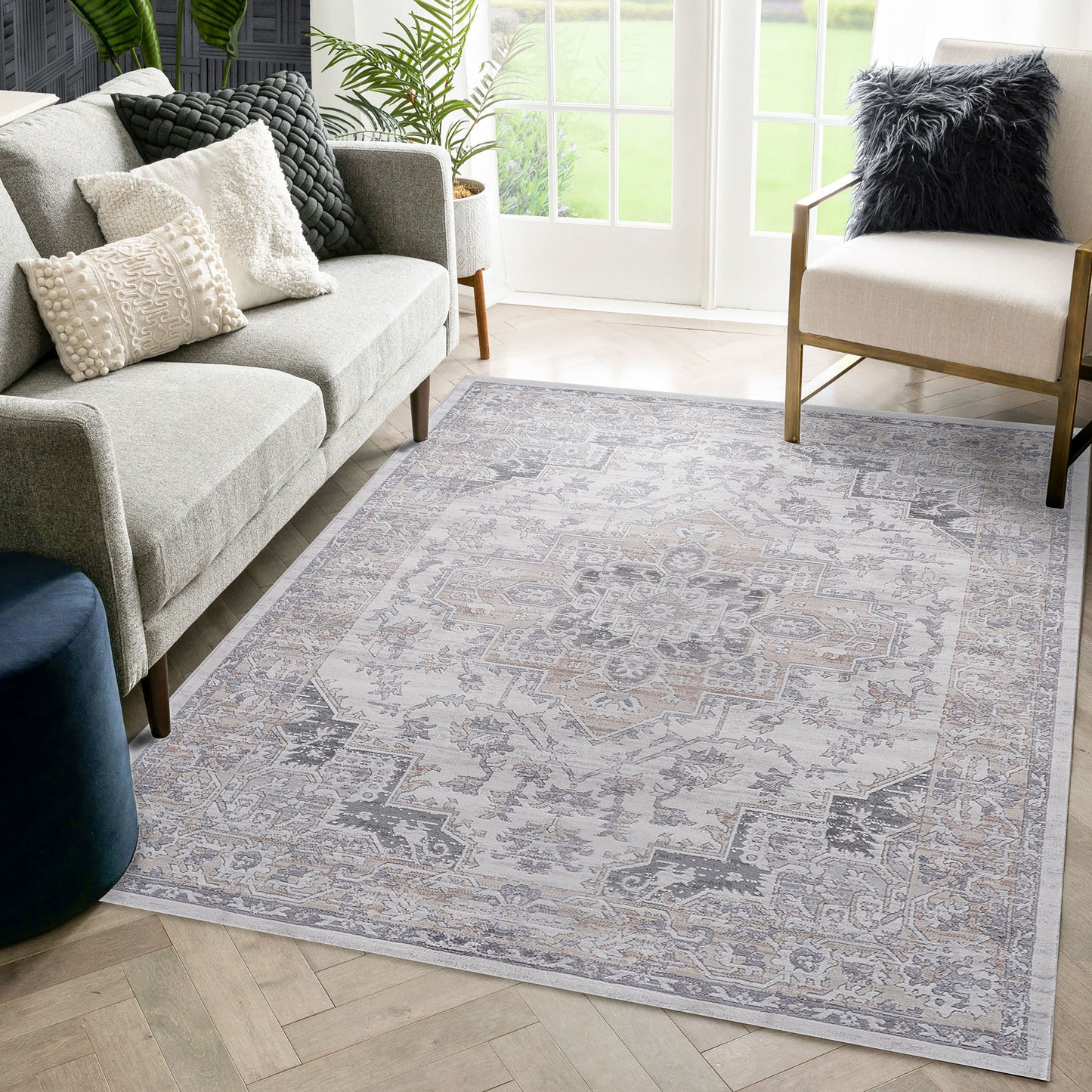 Oriental Non-Shedding Living Room Bedroom Dining Home Office Stylish And Stain Resistant Area Rug - Ivory / Beige