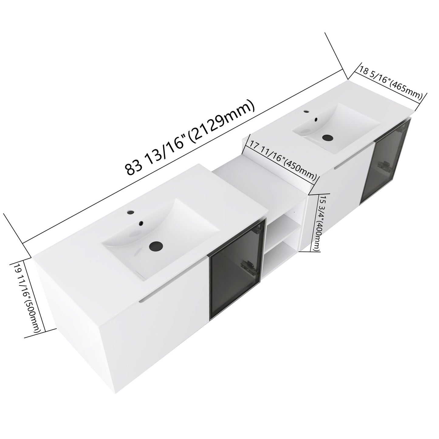 Wall Mounted Bathroom Vanity With Sink, Soft Close Doors, Cabinet & Half Door