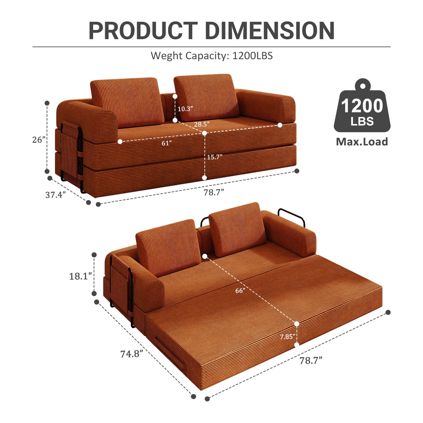 Convertible Sleeper Sofa Bed With Cylindrical Pillow, Fixed Shape Frame