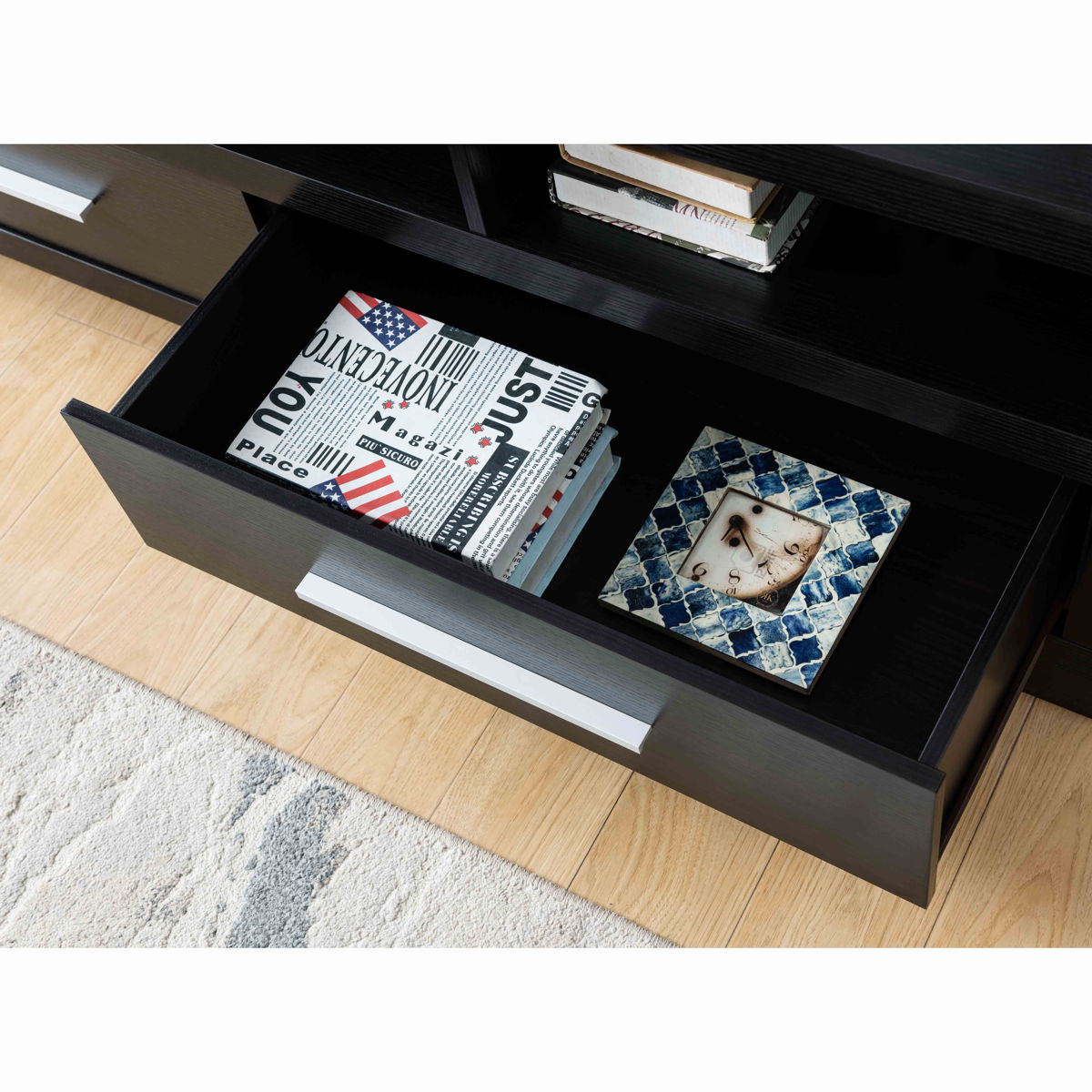 Modern TV Stand With Three Open Shelves And Two Drawers With Stylish Media Storage