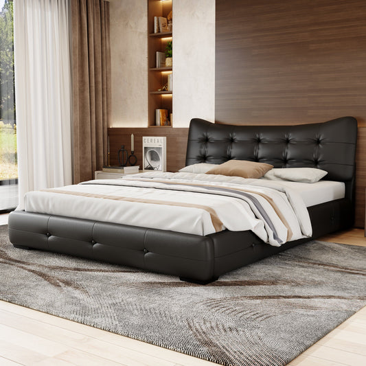 Queen Bed Modern PU Upholstered With Ergonomic Wingback Headboard, No Box Spring Needed - Black