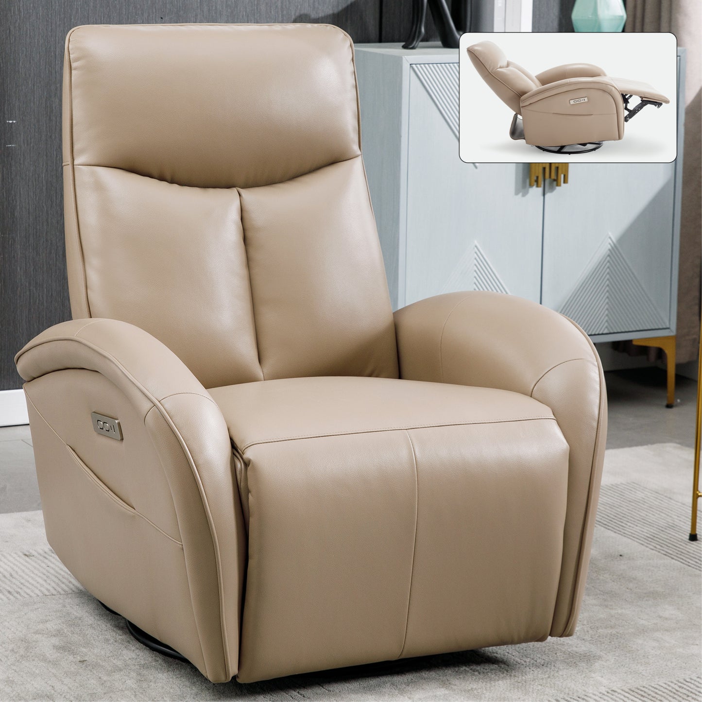 Brown Leatheraire Swivel and Rocker Power Recliner Chair with Lumbar Support, Max Swivel Degree 270°, Heavy Duty Motion Mechanism with USB and Type-C Ports