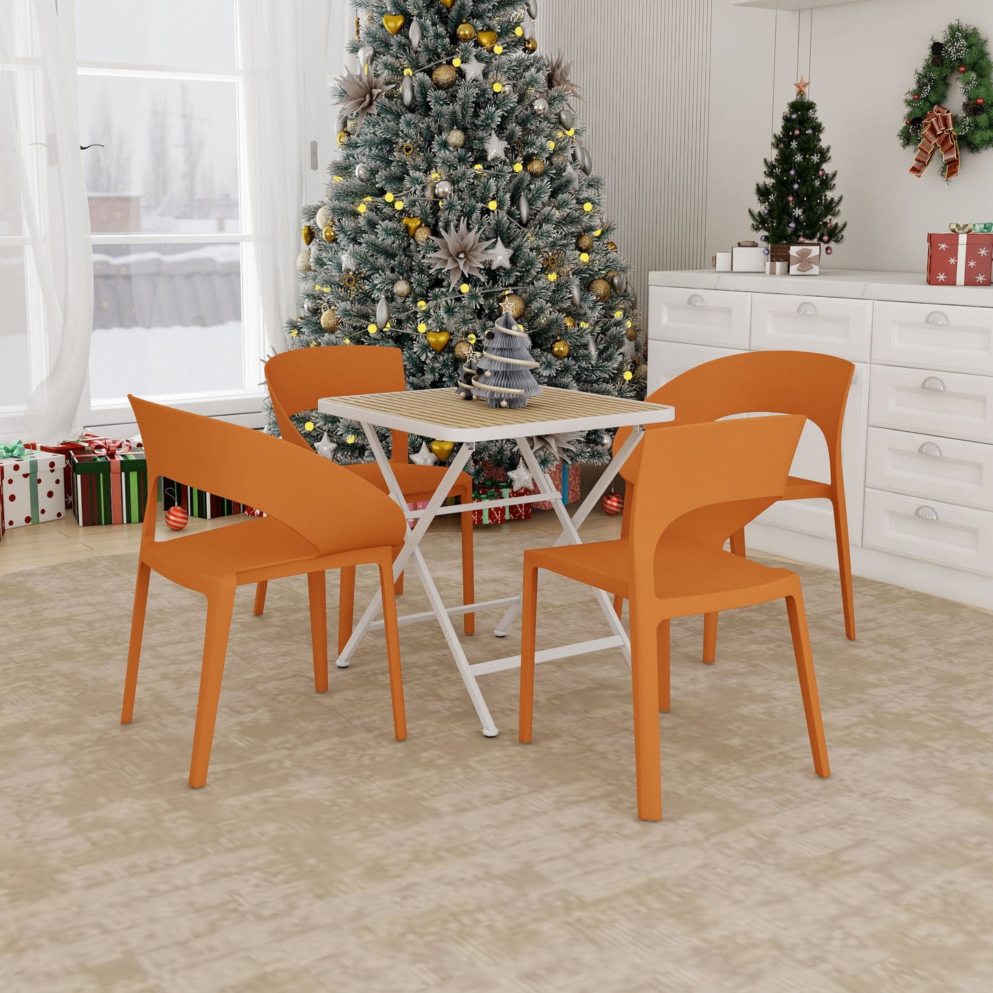 4 Piece Set Of Color Block Designed Single Chairs With Folding Square Table - Khaki / Tropical Orange / White