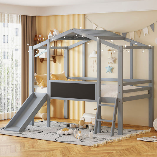 Loft House Bed With Ladder And Slide, With Blackboard And Light Strip On The Roof