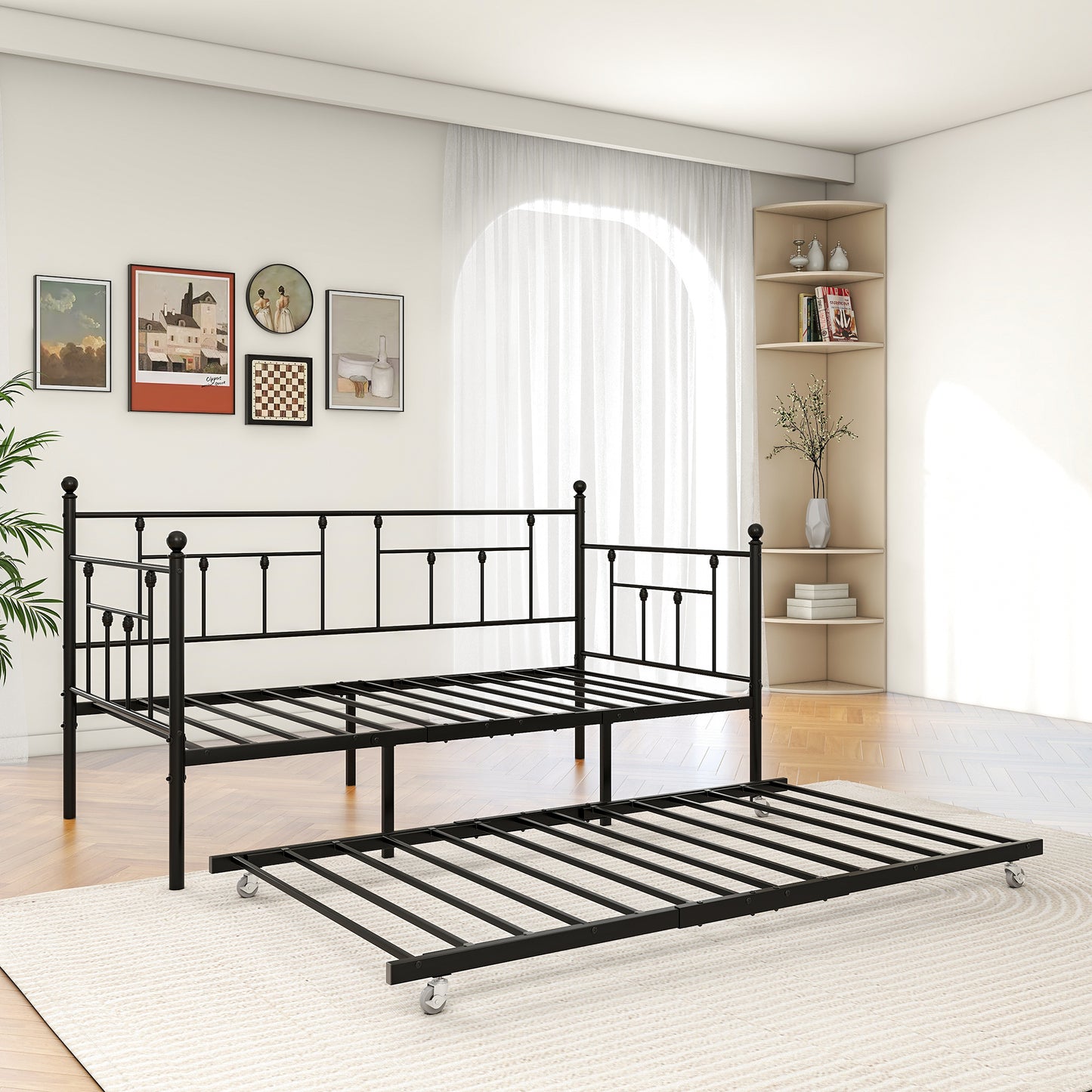 Twin Size Daybed Metal Frame with Trundle Set, Twin Day Bed Sofa, Daybed and Roll Sofa Bed for Guest Room, Bedroom, Living Room, Victorian Style, Black