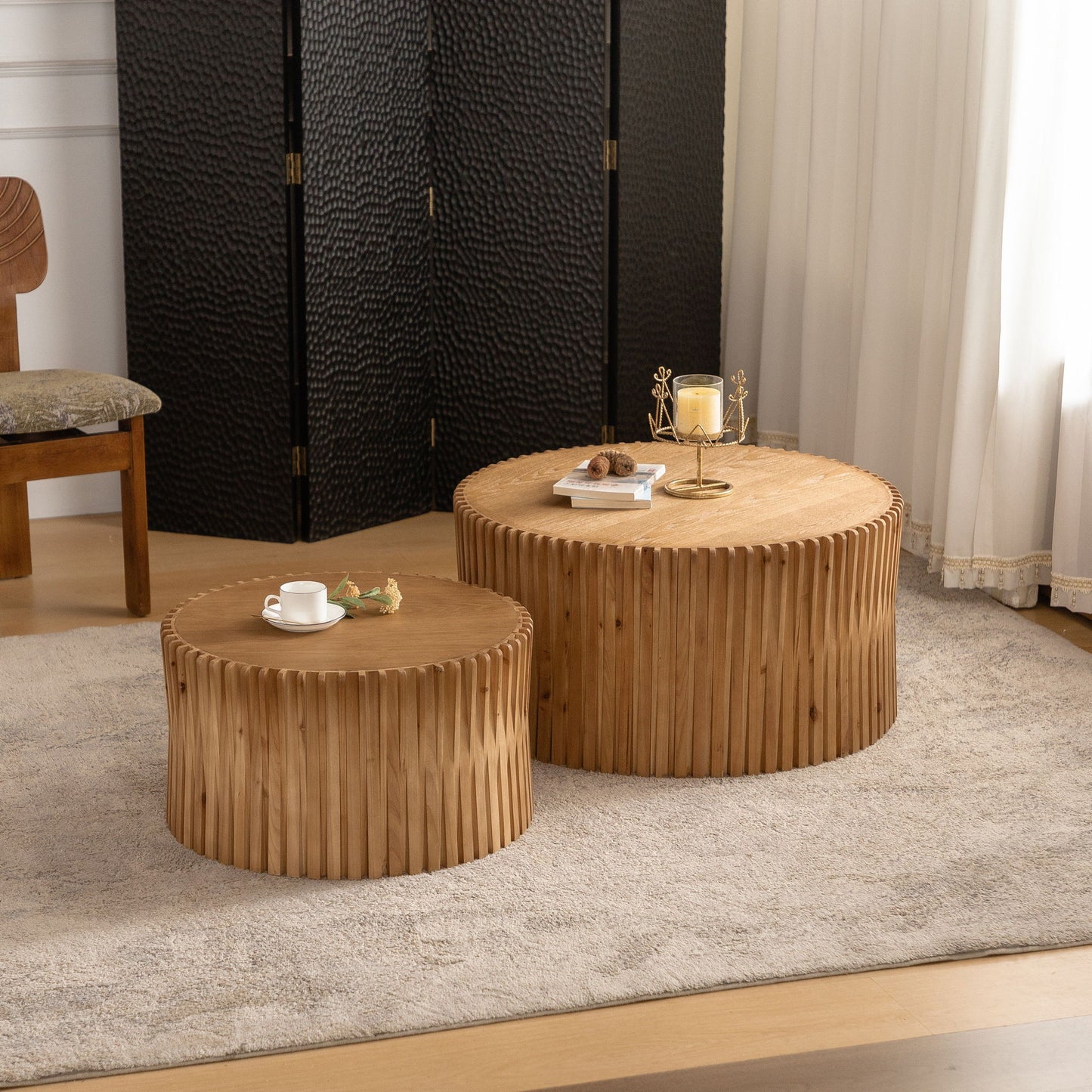 Vintage Fashion Style Cylindrical Nesting Coffee Table Set With Vertical Textured Embossed Design - Natural