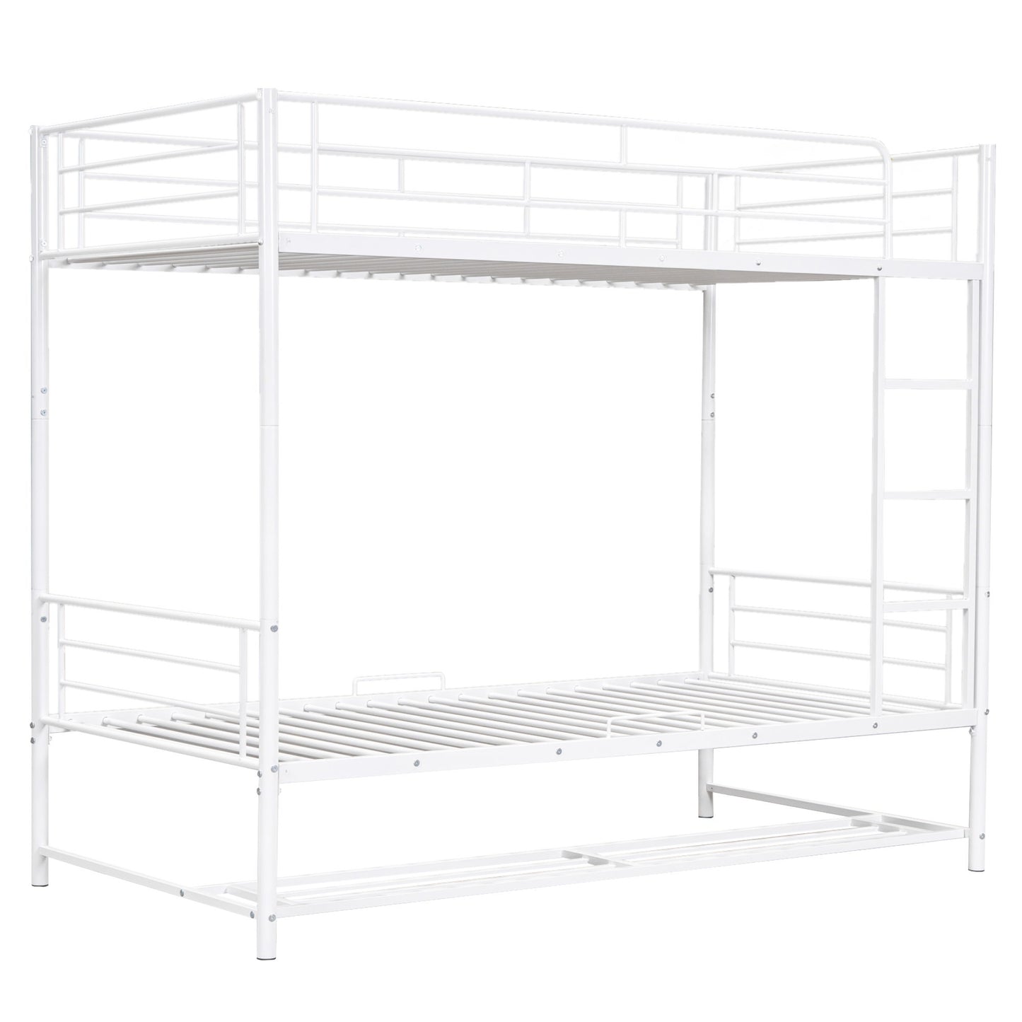 Twin Over Twin Metal Bunk Bed With Shelf And Guardrails