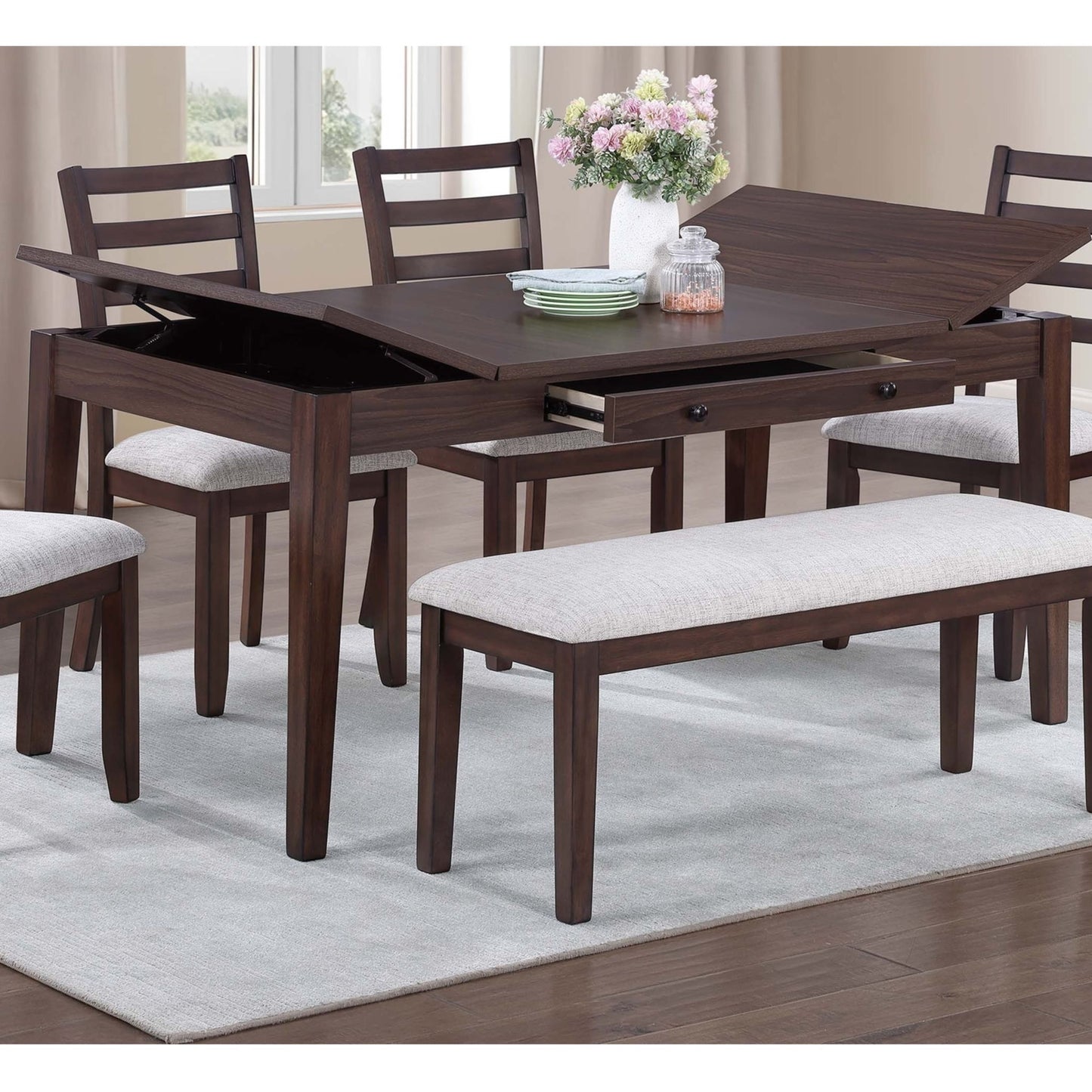 6 Piece Dining Set Table With Storage Ladder Back Chairs And Bench - Walnut