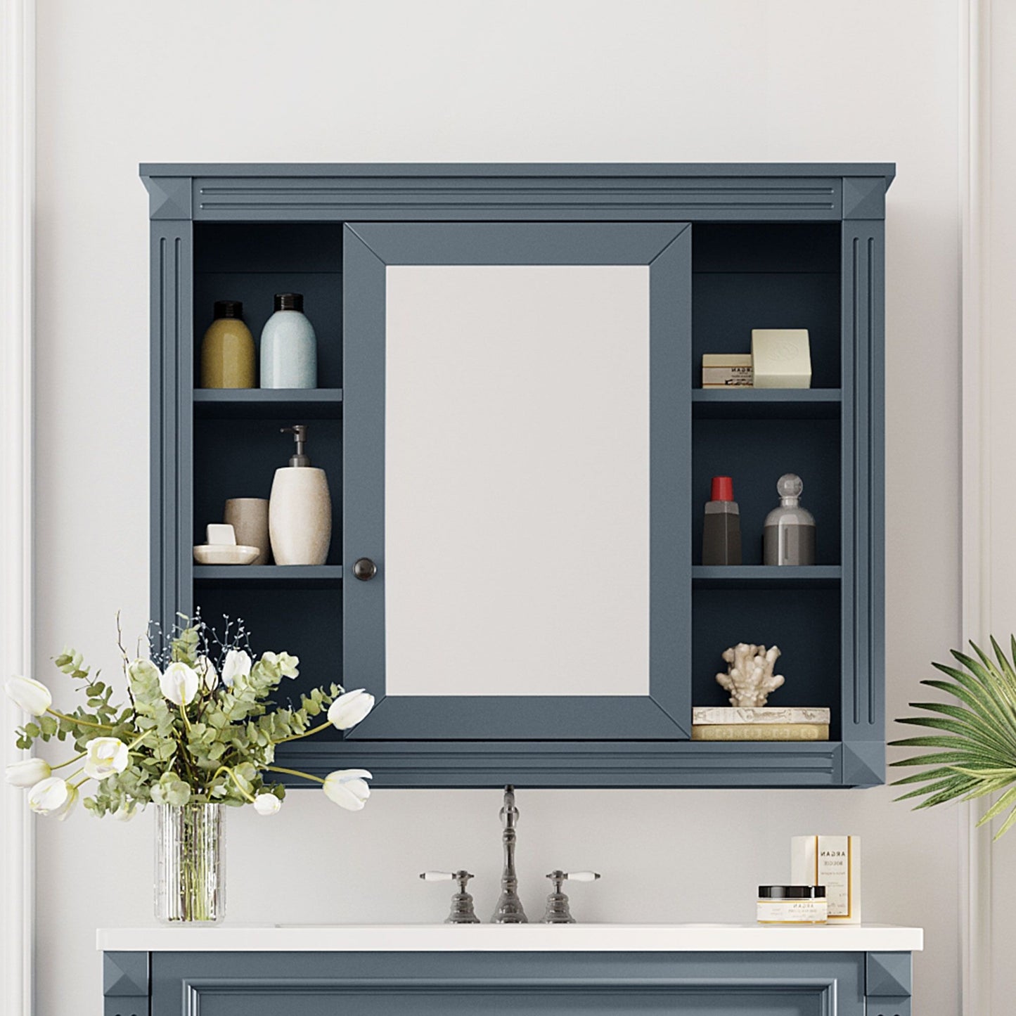 Wall Mounted Bathroom Storage Cabinet With Mirror, Cabinet With 6 Open Shelves And Adjustable Interior