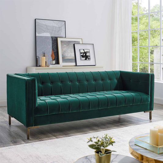 Isaac - Channel Stitch Velvet Sofa - Green