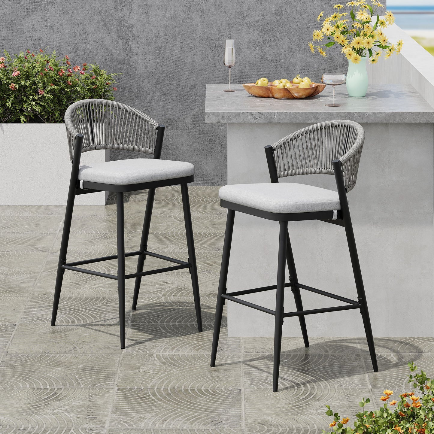 Outdoor Bar Height Metal Frame Counter Stools With Scallop Shaped Backrest & Water Resistant Cushions