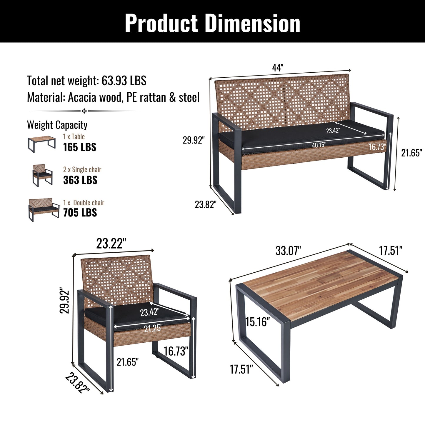 4 Piece Patio Furniture Set Outdoor Balcony Porch Garden Backyard Lawn Furniture Acacia Wood Table Top, Morden - Black And Light Brown