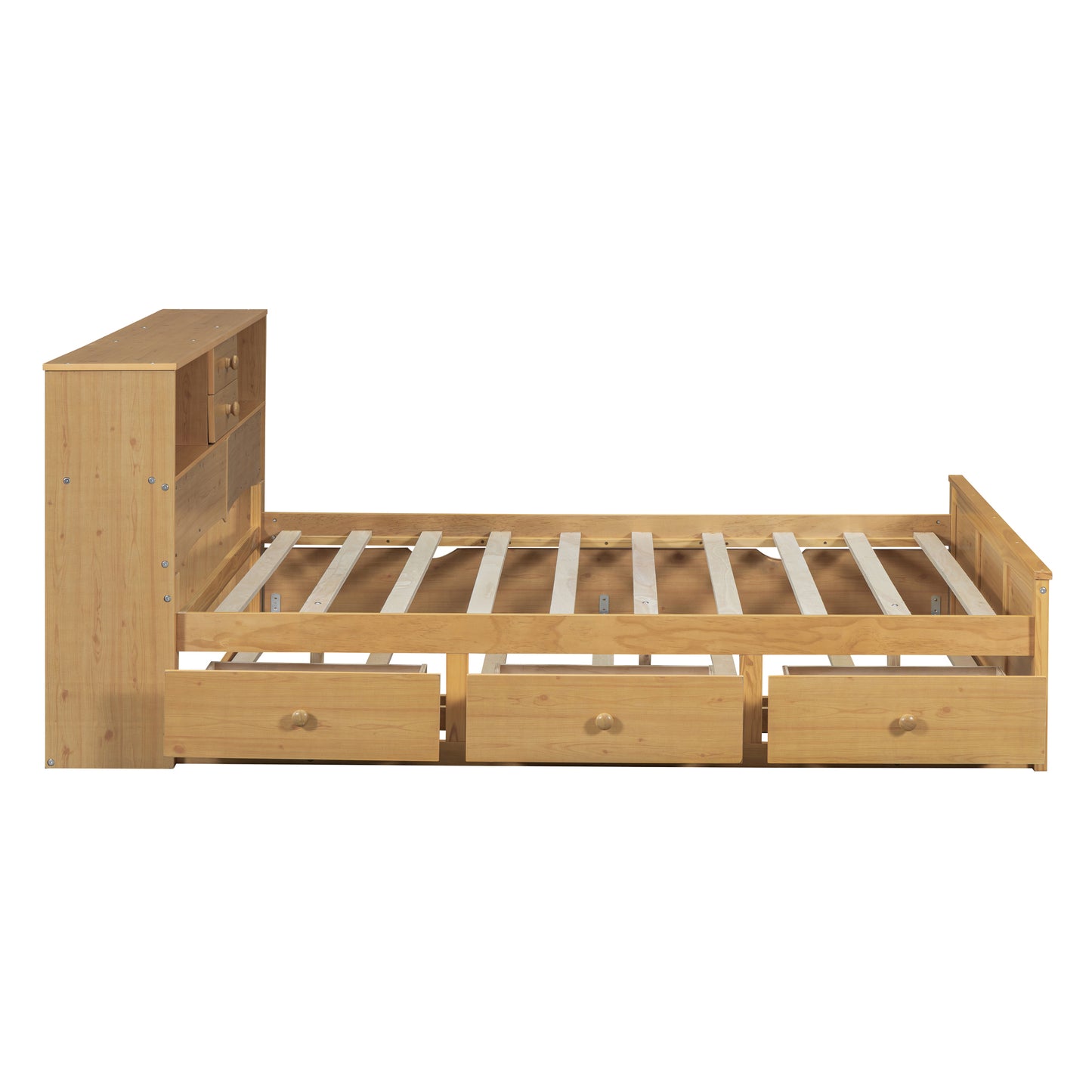 Full Size Wood Pltaform Bed with Twin Size Trundle, 3 Drawers, Upper Shelves and a set of USB Ports & Sockets, Natural