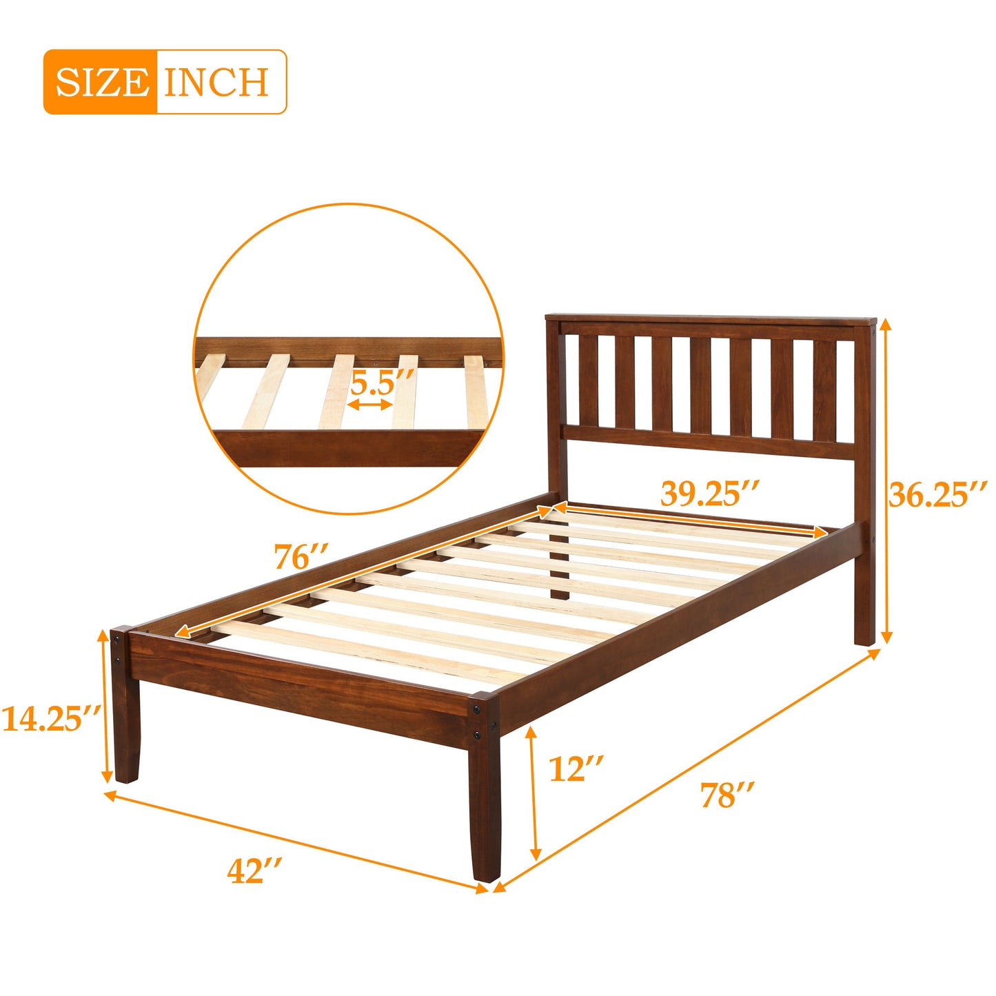 Twin Platform Bed With Headboard, Slat Support - Walnut