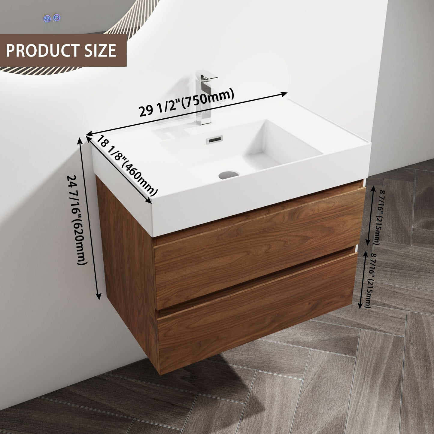 Wall Mounted Bathroom Vanity And Sink, 2 Soft Close Drawers