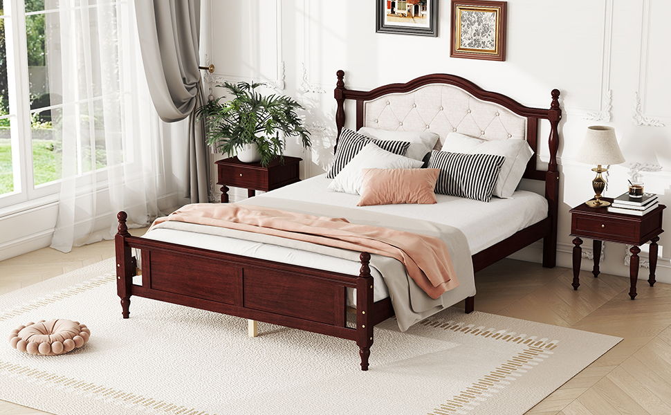 Pine Wooden Bed With Upholstered Headboard And Panel Footboard, With Two Bed Rail Support Feet And Central Platform Support Feet