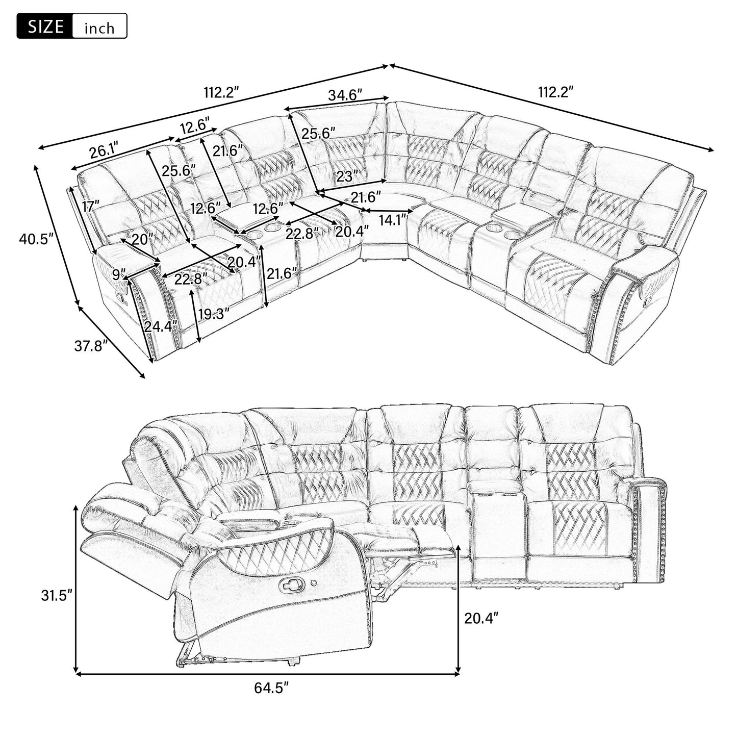 Manual Reclining Sectional Sofa Set L Shaped Symmetrical Motion Sofa Corner Couch Sets With Storage Boxes, 4 Cup Holders And Led Light Strip For Living Room - Brown