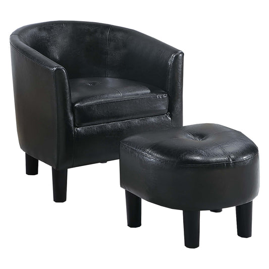 Accent Chair With Matching Ottoman Upholstered Round Backrest, Seating Set - Black