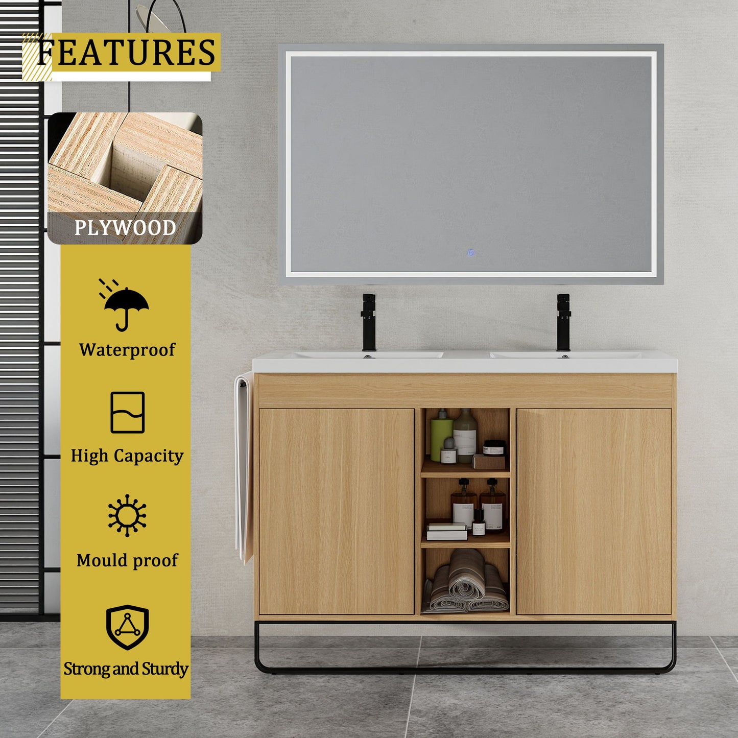 48" Freestanding Bathroom Vanity With Double Sink, 2 Soft Close Doors & 3 Open Shelves - Oak