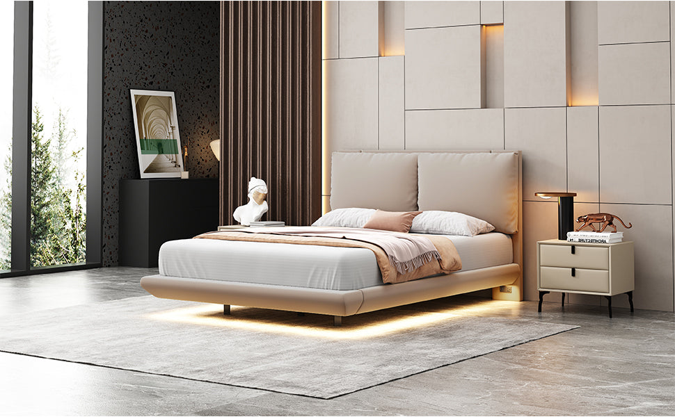 Full Size Upholstered Platform Bed with Sensor Light and 2 Large Backrests, Stylish Platform Bed with 2 sets of USB Port and Socket on each rear Bed Leg, Beige