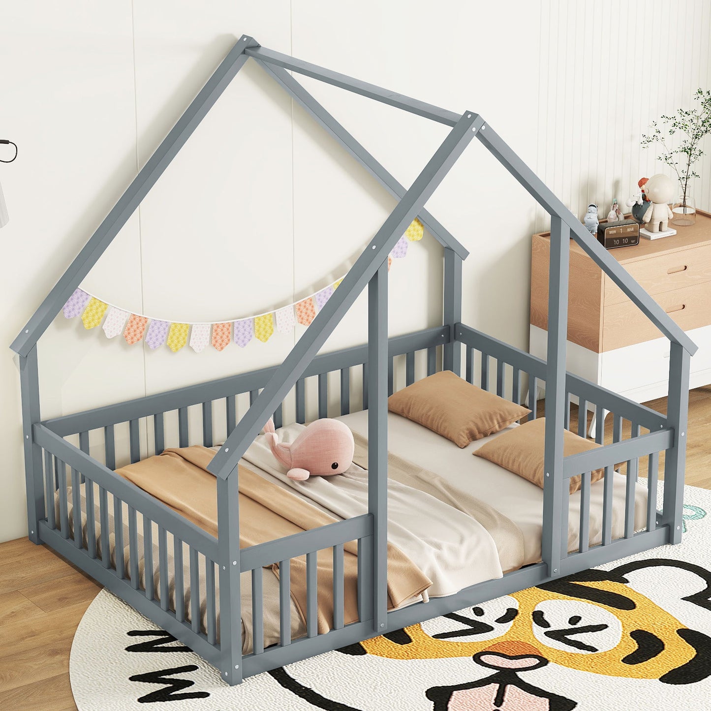 Wood House-Shaped Floor Bed With Fence, Guardrails